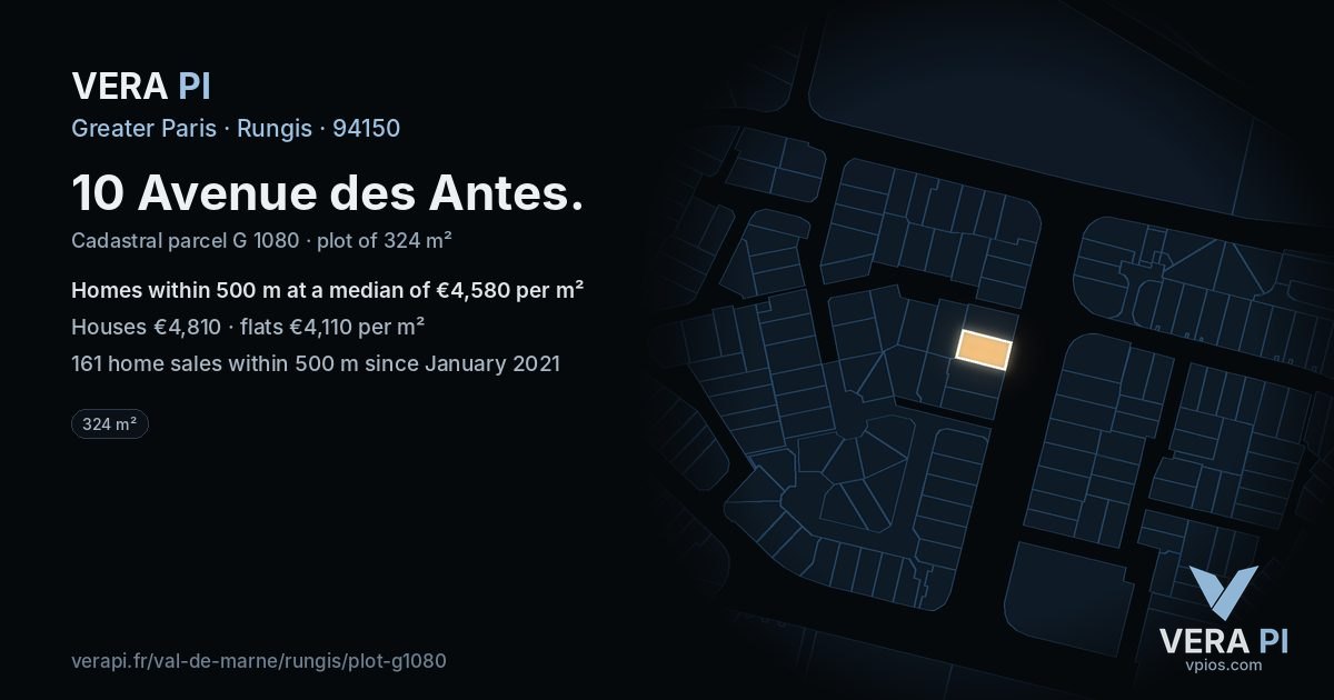 10 Avenue des Antes, Rungis at night – the plot lit, the parcels around coloured by the prices near them