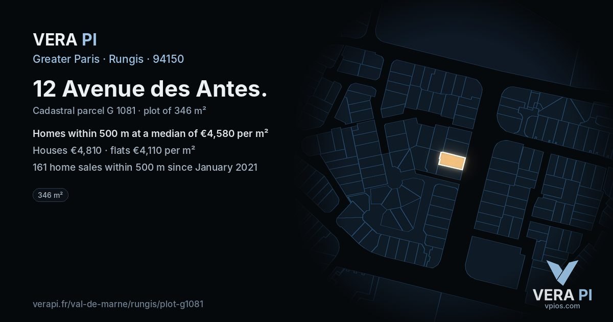 12 Avenue des Antes, Rungis at night – the plot lit, the parcels around coloured by the prices near them