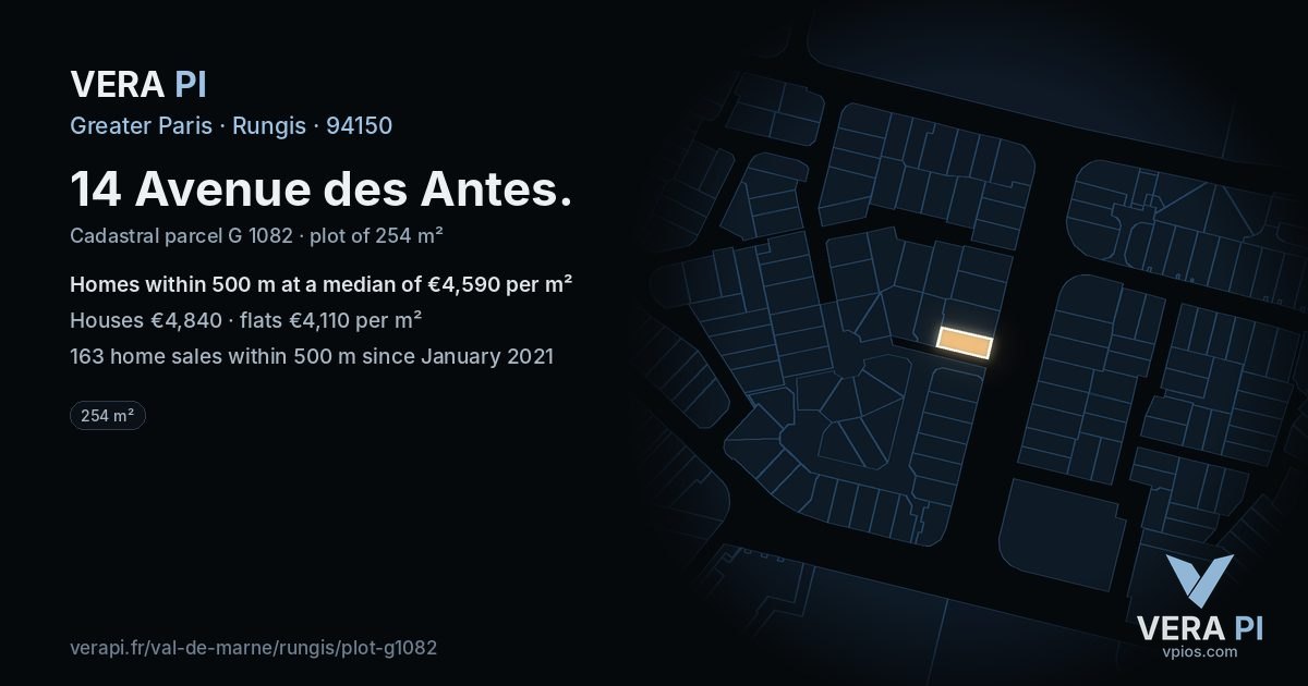 14 Avenue des Antes, Rungis at night – the plot lit, the parcels around coloured by the prices near them