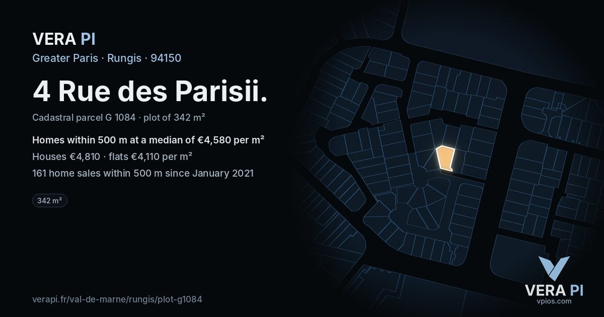 4 Rue des Parisii, Rungis at night – the plot lit, the parcels around coloured by the prices near them