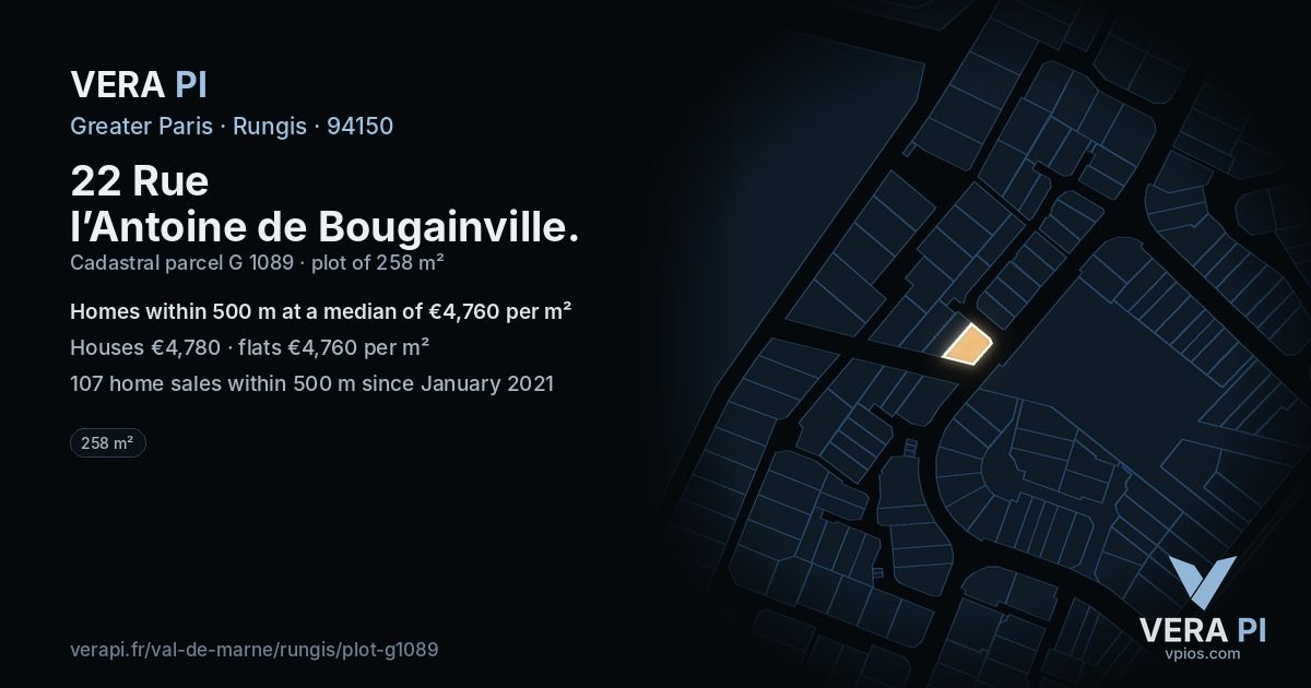 22 Rue l’Antoine de Bougainville, Rungis at night – the plot lit, the parcels around coloured by the prices near them
