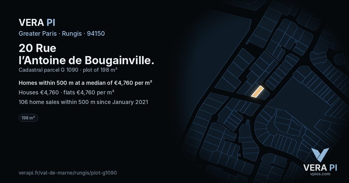 20 Rue l’Antoine de Bougainville, Rungis at night – the plot lit, the parcels around coloured by the prices near them