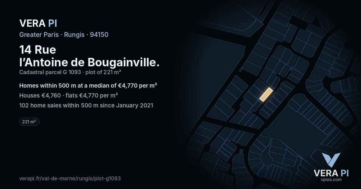 14 Rue l’Antoine de Bougainville, Rungis at night – the plot lit, the parcels around coloured by the prices near them