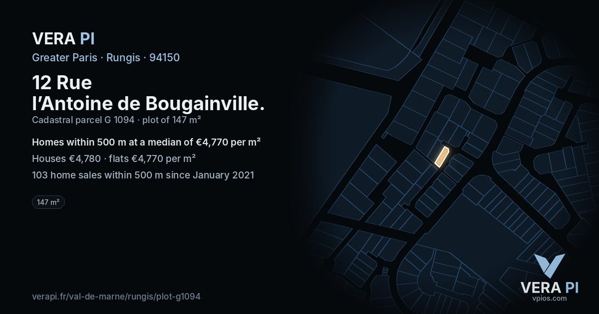 12 Rue l’Antoine de Bougainville, Rungis at night – the plot lit, the parcels around coloured by the prices near them