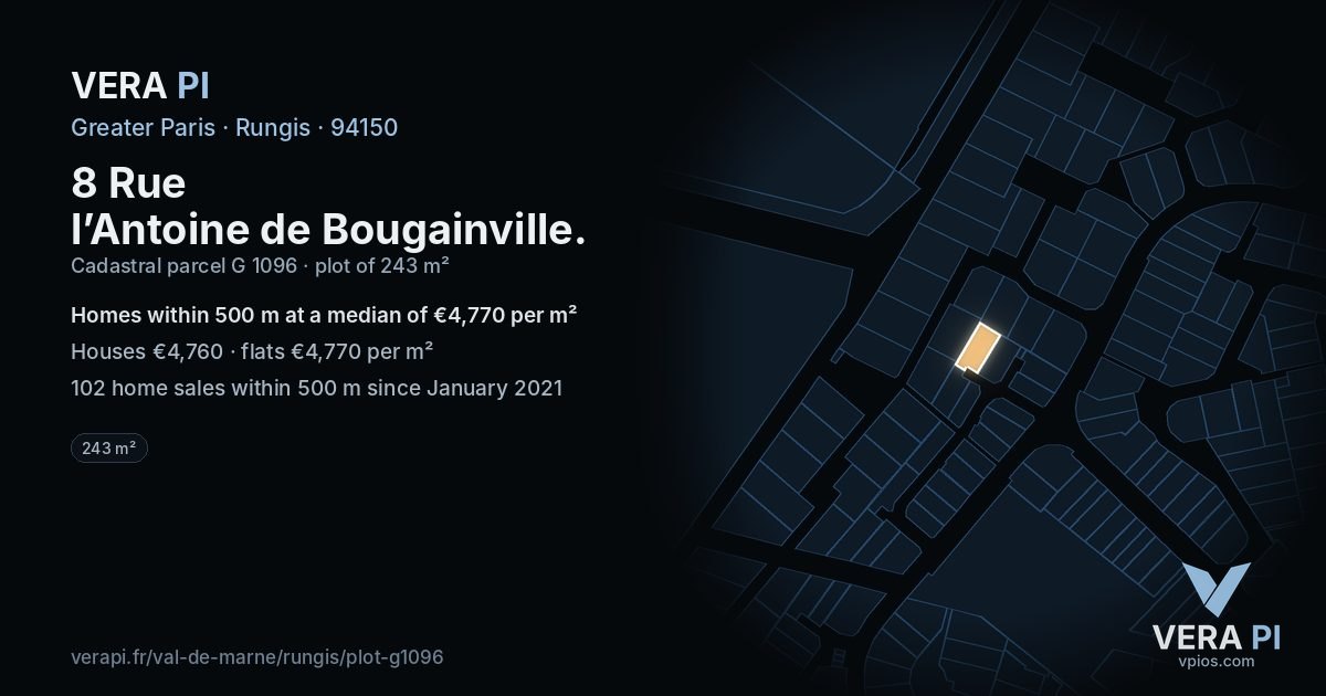8 Rue l’Antoine de Bougainville, Rungis at night – the plot lit, the parcels around coloured by the prices near them