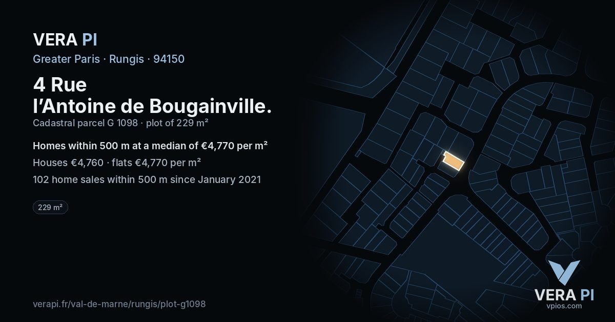 4 Rue l’Antoine de Bougainville, Rungis at night – the plot lit, the parcels around coloured by the prices near them