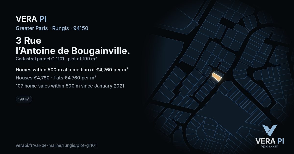 3 Rue l’Antoine de Bougainville, Rungis at night – the plot lit, the parcels around coloured by the prices near them