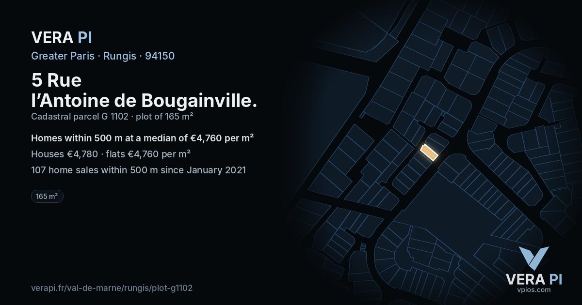 5 Rue l’Antoine de Bougainville, Rungis at night – the plot lit, the parcels around coloured by the prices near them