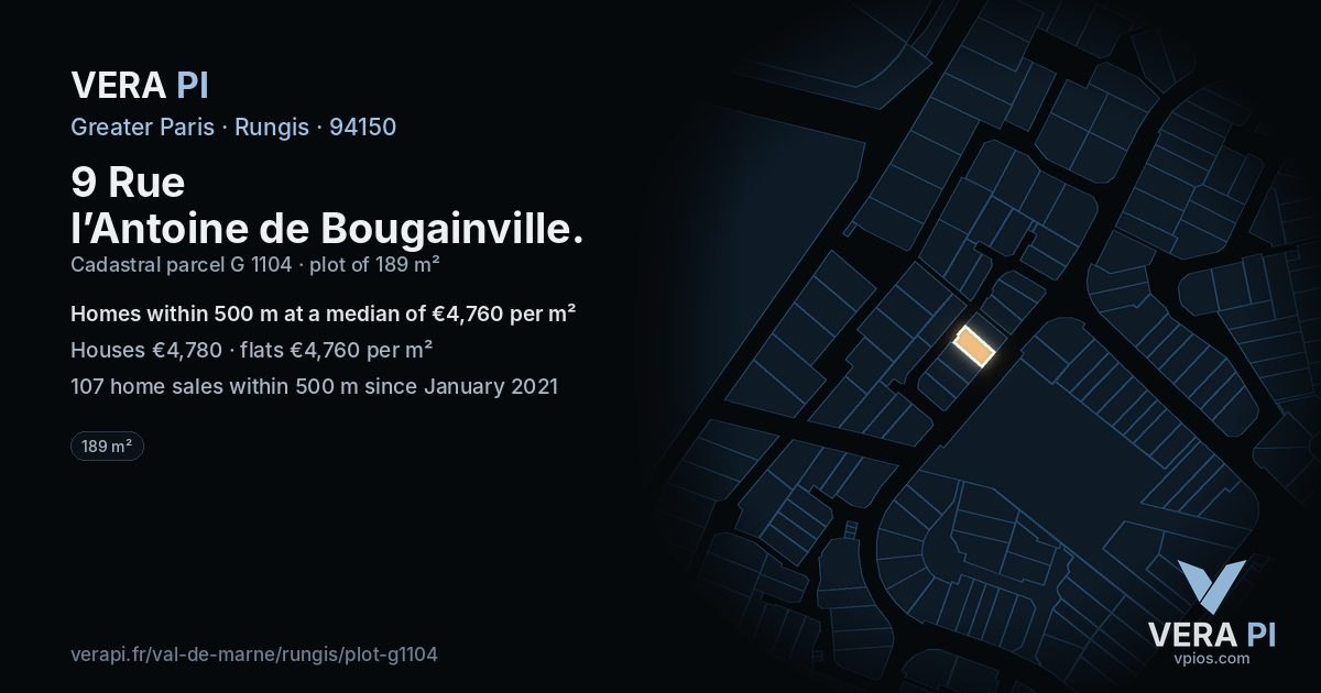 9 Rue l’Antoine de Bougainville, Rungis at night – the plot lit, the parcels around coloured by the prices near them
