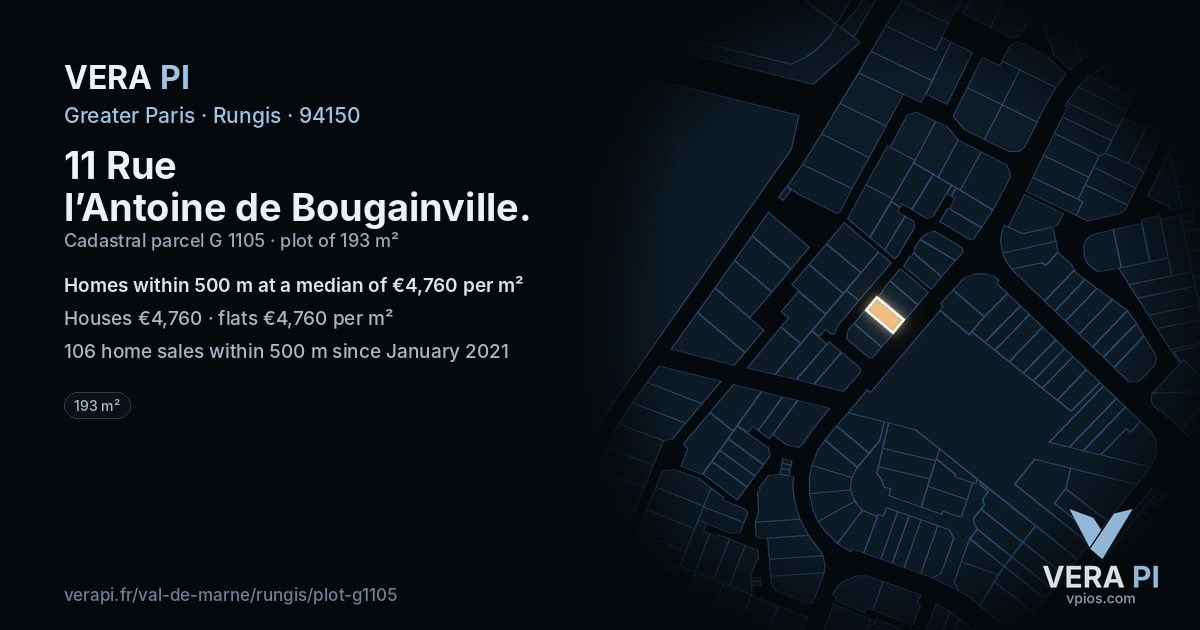 11 Rue l’Antoine de Bougainville, Rungis at night – the plot lit, the parcels around coloured by the prices near them