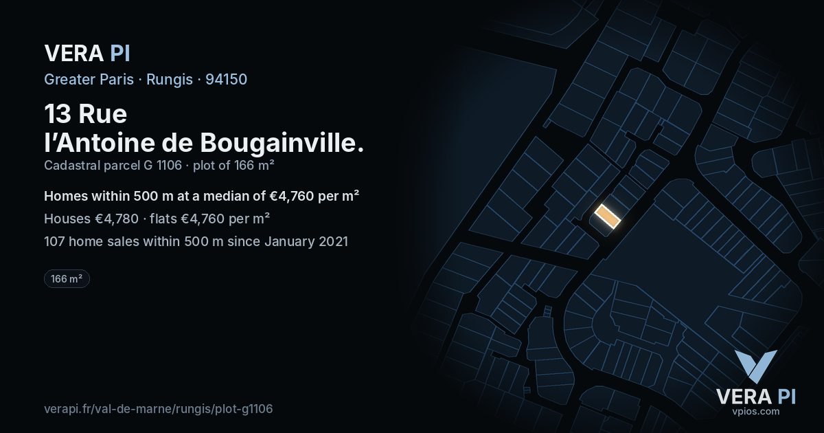 13 Rue l’Antoine de Bougainville, Rungis at night – the plot lit, the parcels around coloured by the prices near them