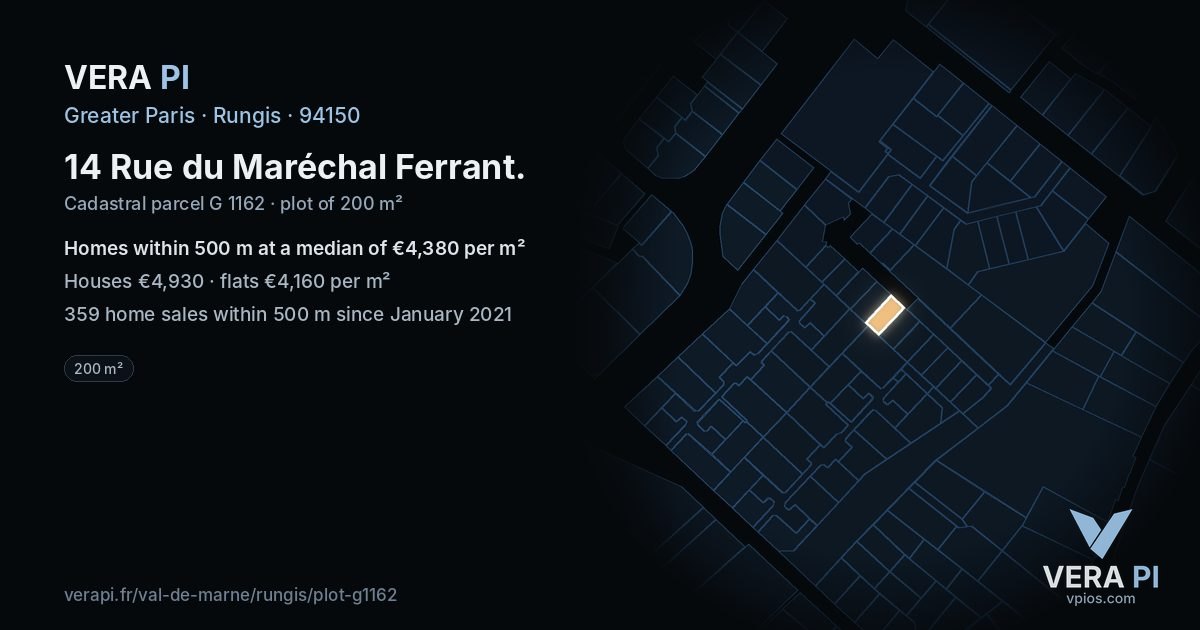14 Rue du Maréchal Ferrant, Rungis at night – the plot lit, the parcels around coloured by the prices near them