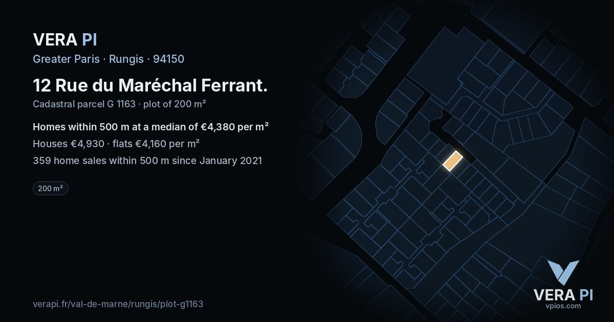 12 Rue du Maréchal Ferrant, Rungis at night – the plot lit, the parcels around coloured by the prices near them