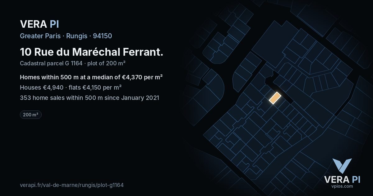 10 Rue du Maréchal Ferrant, Rungis at night – the plot lit, the parcels around coloured by the prices near them