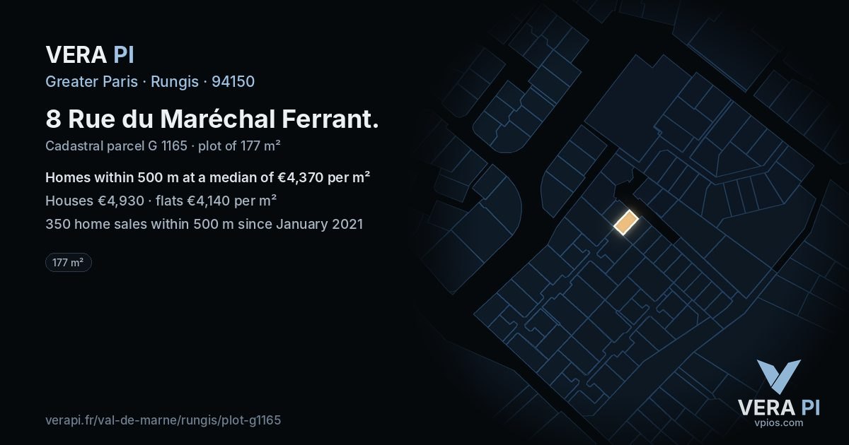 8 Rue du Maréchal Ferrant, Rungis at night – the plot lit, the parcels around coloured by the prices near them