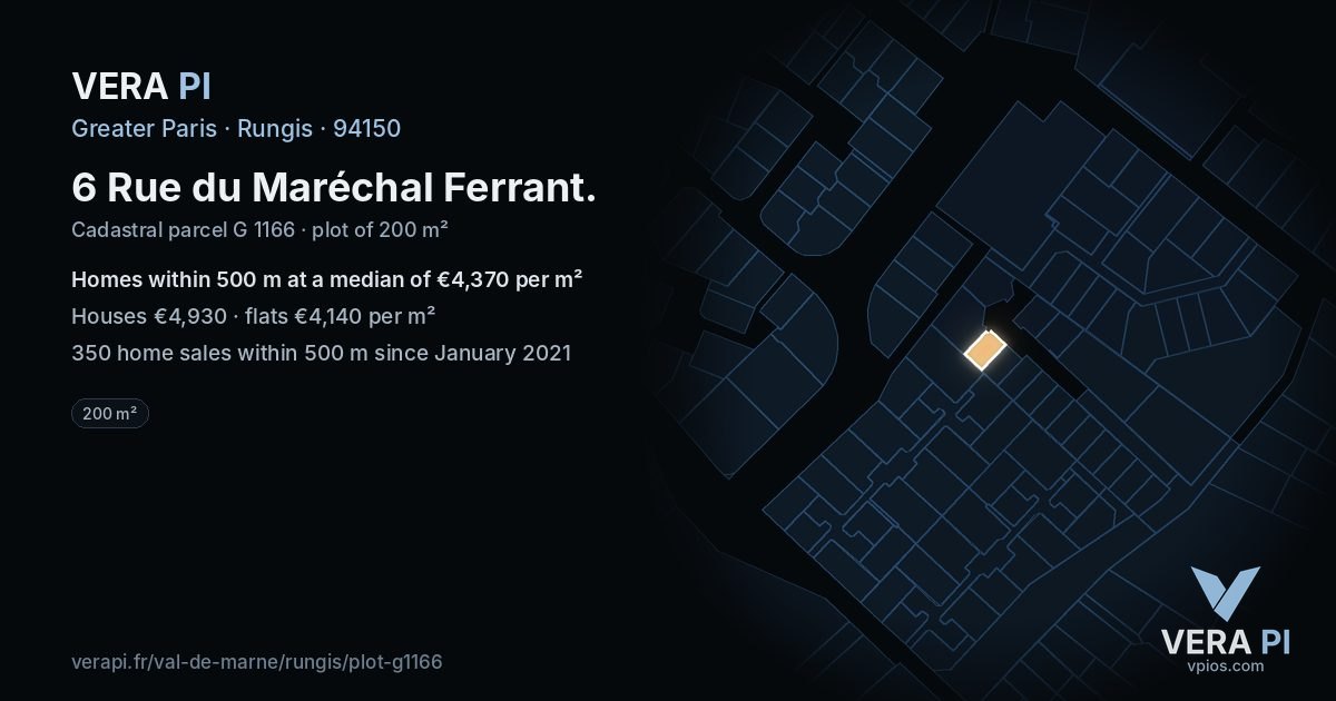 6 Rue du Maréchal Ferrant, Rungis at night – the plot lit, the parcels around coloured by the prices near them