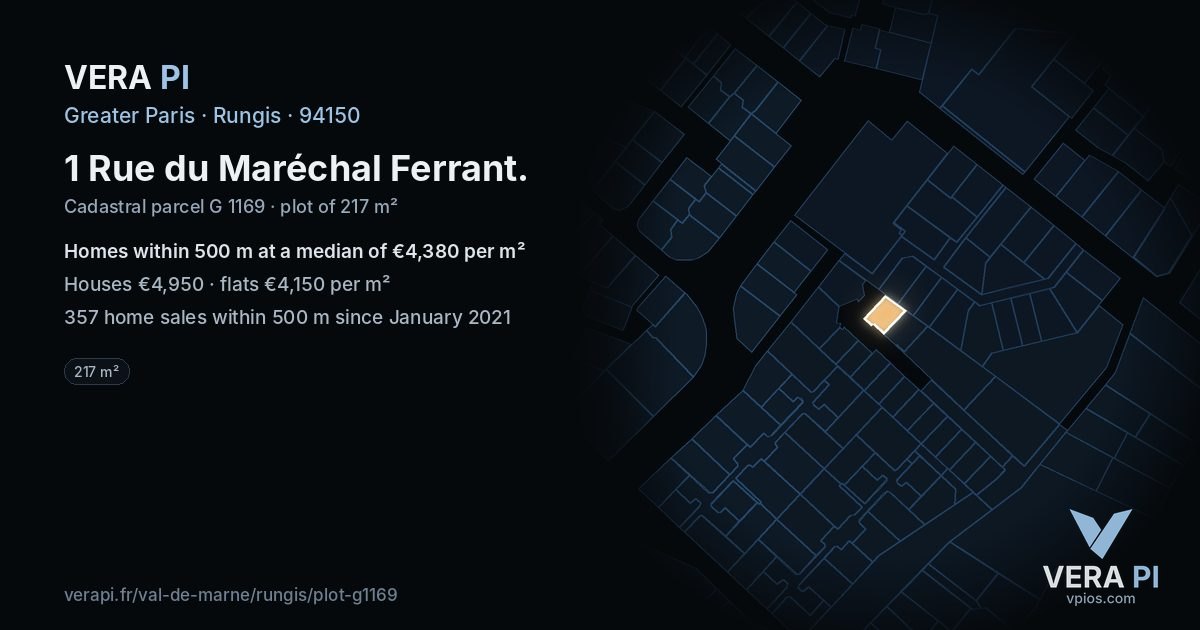 1 Rue du Maréchal Ferrant, Rungis at night – the plot lit, the parcels around coloured by the prices near them