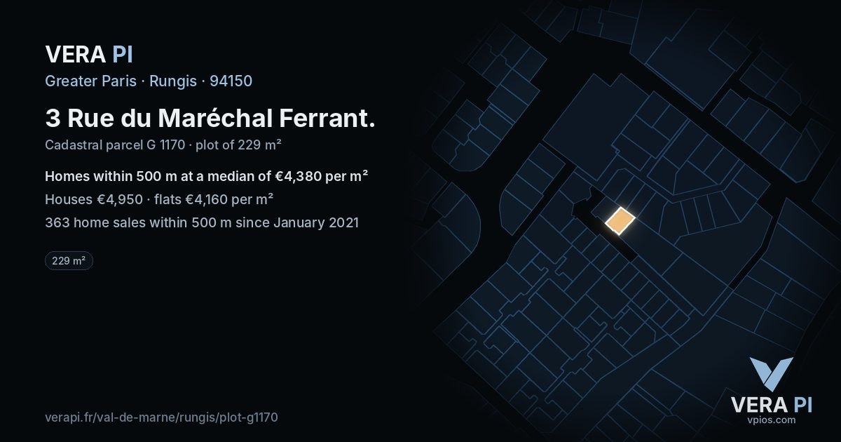 3 Rue du Maréchal Ferrant, Rungis at night – the plot lit, the parcels around coloured by the prices near them