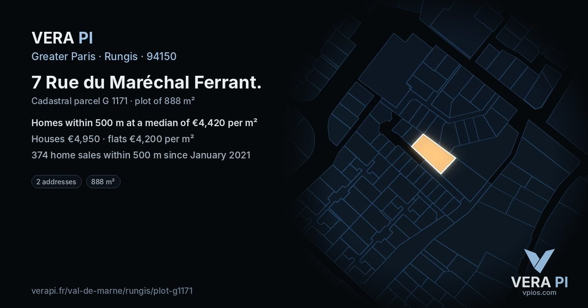 7 Rue du Maréchal Ferrant, Rungis at night – the plot lit, the parcels around coloured by the prices near them