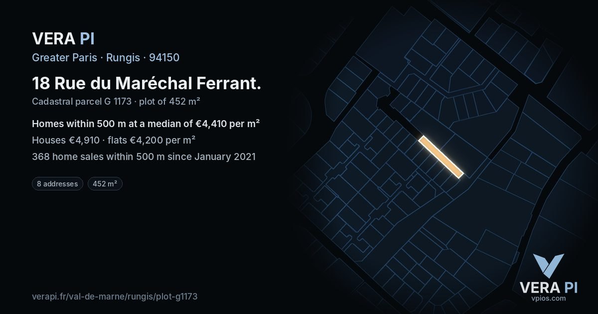 18 Rue du Maréchal Ferrant, Rungis at night – the plot lit, the parcels around coloured by the prices near them