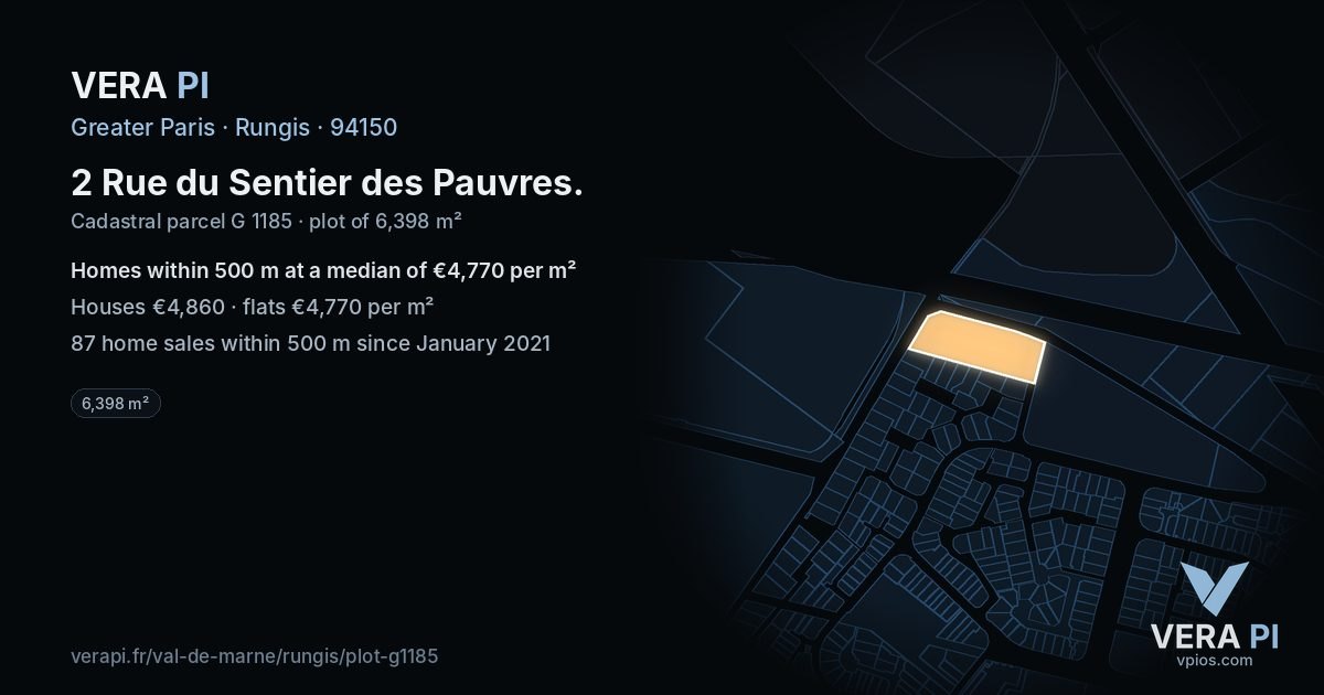 2 Rue du Sentier des Pauvres, Rungis at night – the plot lit, the parcels around coloured by the prices near them