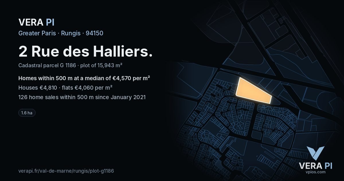 2 Rue des Halliers, Rungis at night – the plot lit, the parcels around coloured by the prices near them