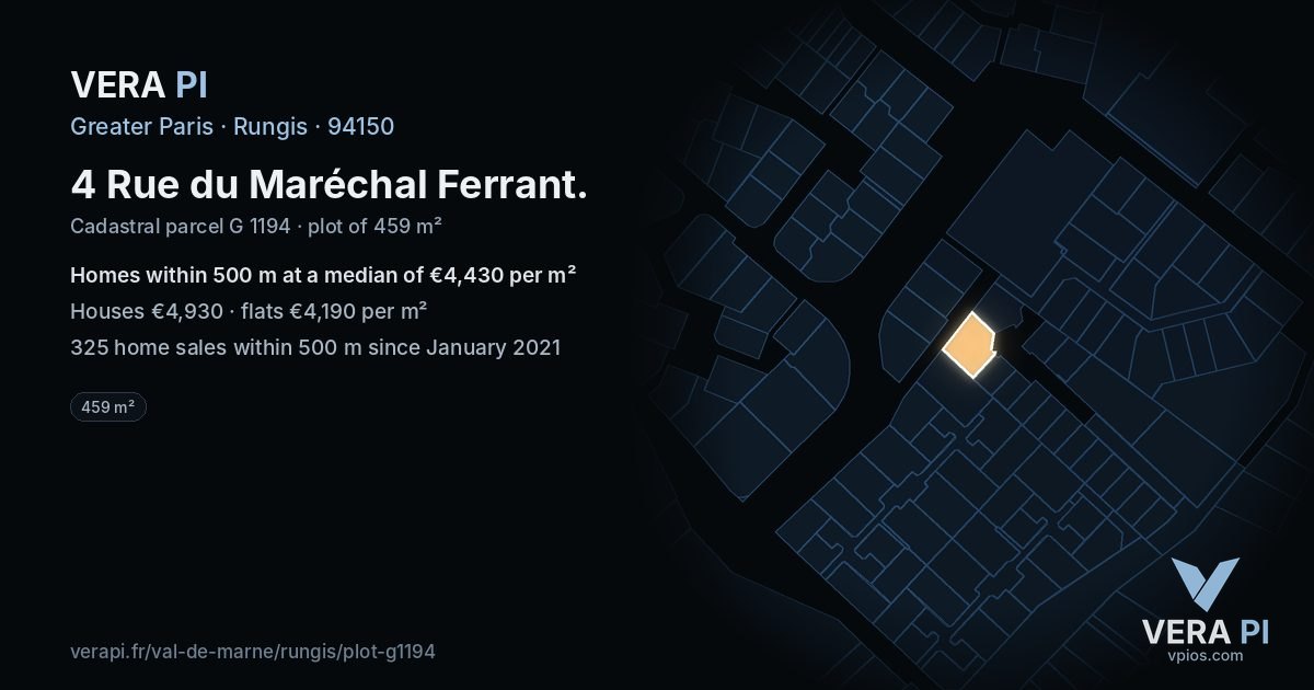 4 Rue du Maréchal Ferrant, Rungis at night – the plot lit, the parcels around coloured by the prices near them