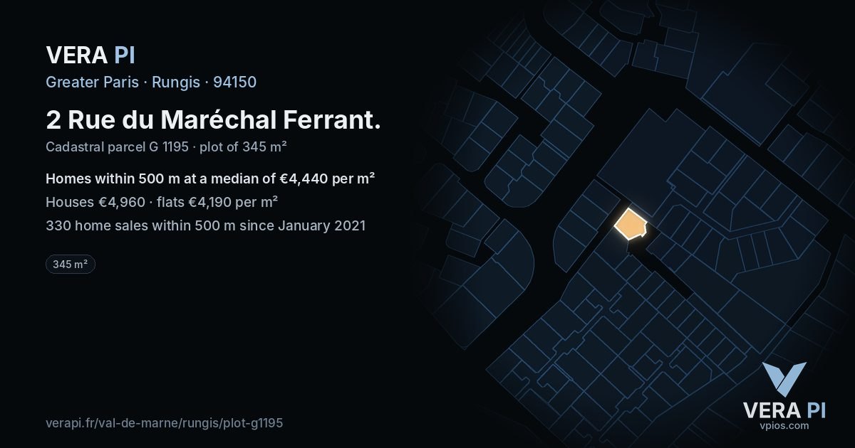 2 Rue du Maréchal Ferrant, Rungis at night – the plot lit, the parcels around coloured by the prices near them