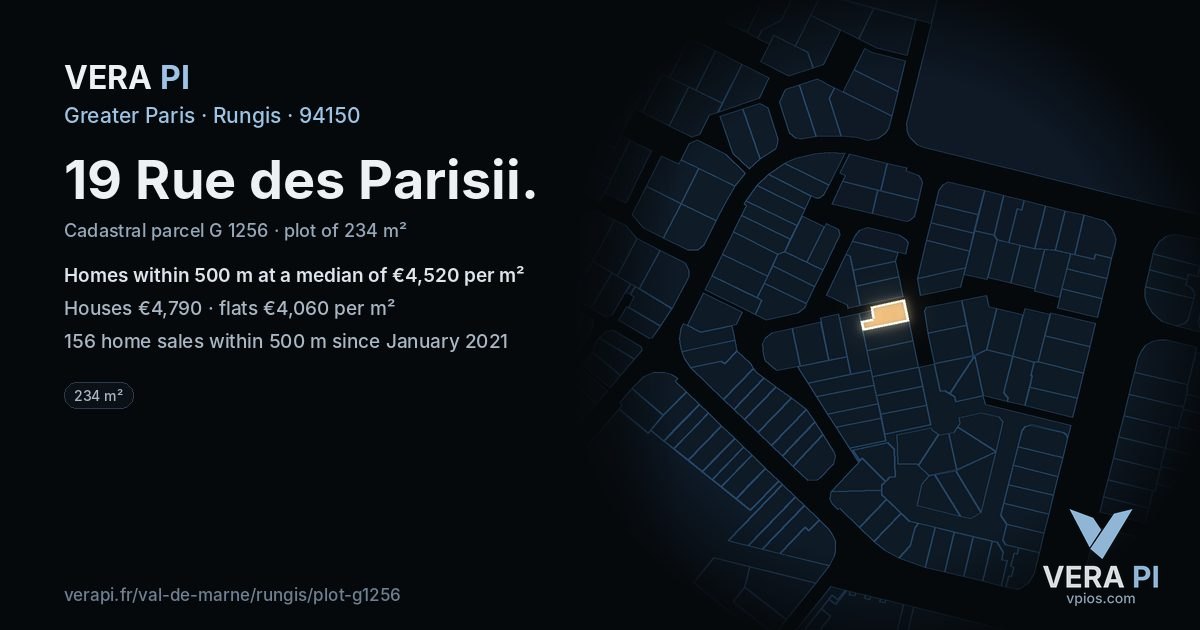 19 Rue des Parisii, Rungis at night – the plot lit, the parcels around coloured by the prices near them