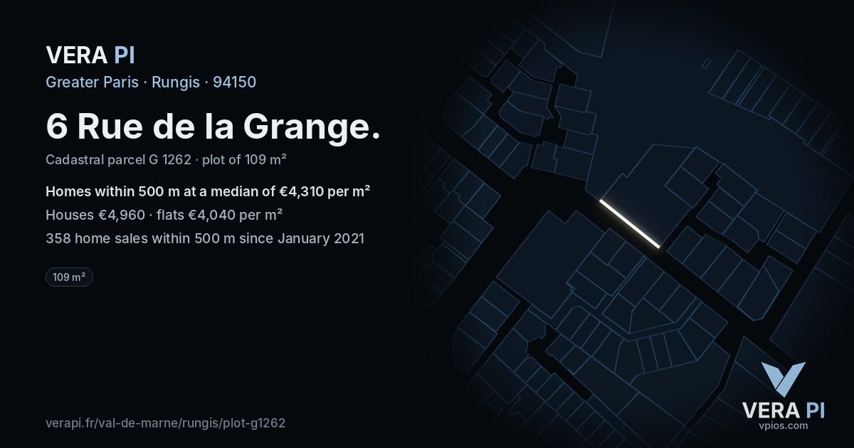 6 Rue de la Grange, Rungis at night – the plot lit, the parcels around coloured by the prices near them
