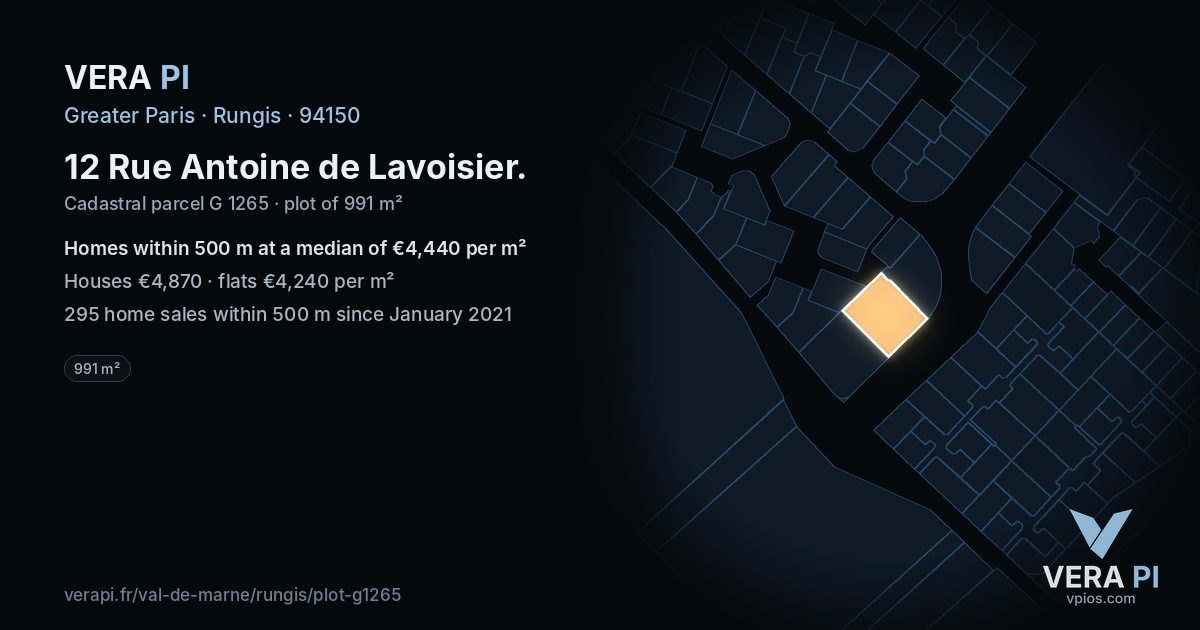 12 Rue Antoine de Lavoisier, Rungis at night – the plot lit, the parcels around coloured by the prices near them