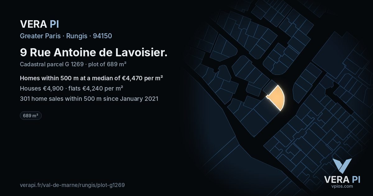 9 Rue Antoine de Lavoisier, Rungis at night – the plot lit, the parcels around coloured by the prices near them