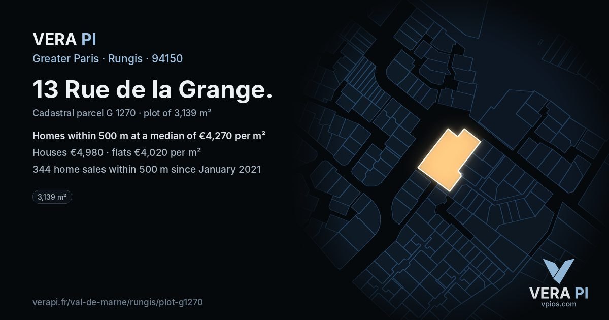 13 Rue de la Grange, Rungis at night – the plot lit, the parcels around coloured by the prices near them