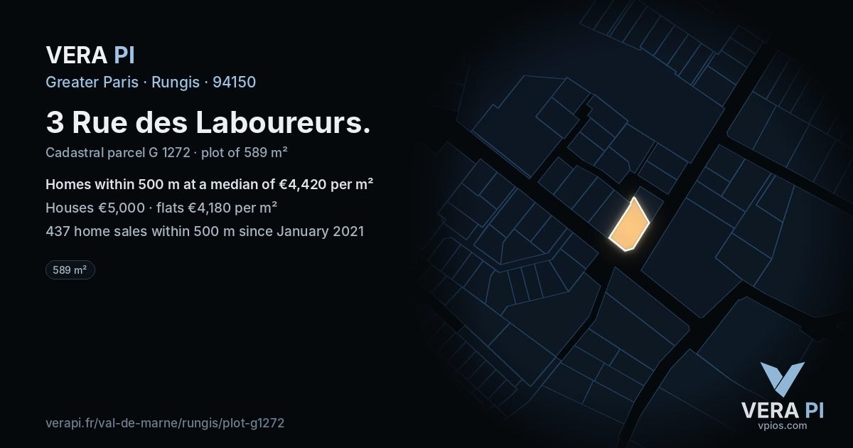 3 Rue des Laboureurs, Rungis at night – the plot lit, the parcels around coloured by the prices near them