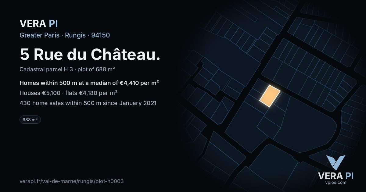 5 Rue du Château, Rungis at night – the plot lit, the parcels around coloured by the prices near them