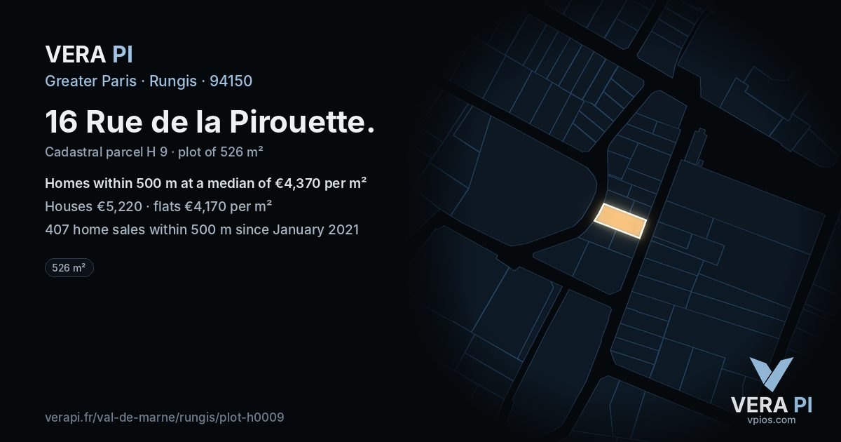 16 Rue de la Pirouette, Rungis at night – the plot lit, the parcels around coloured by the prices near them