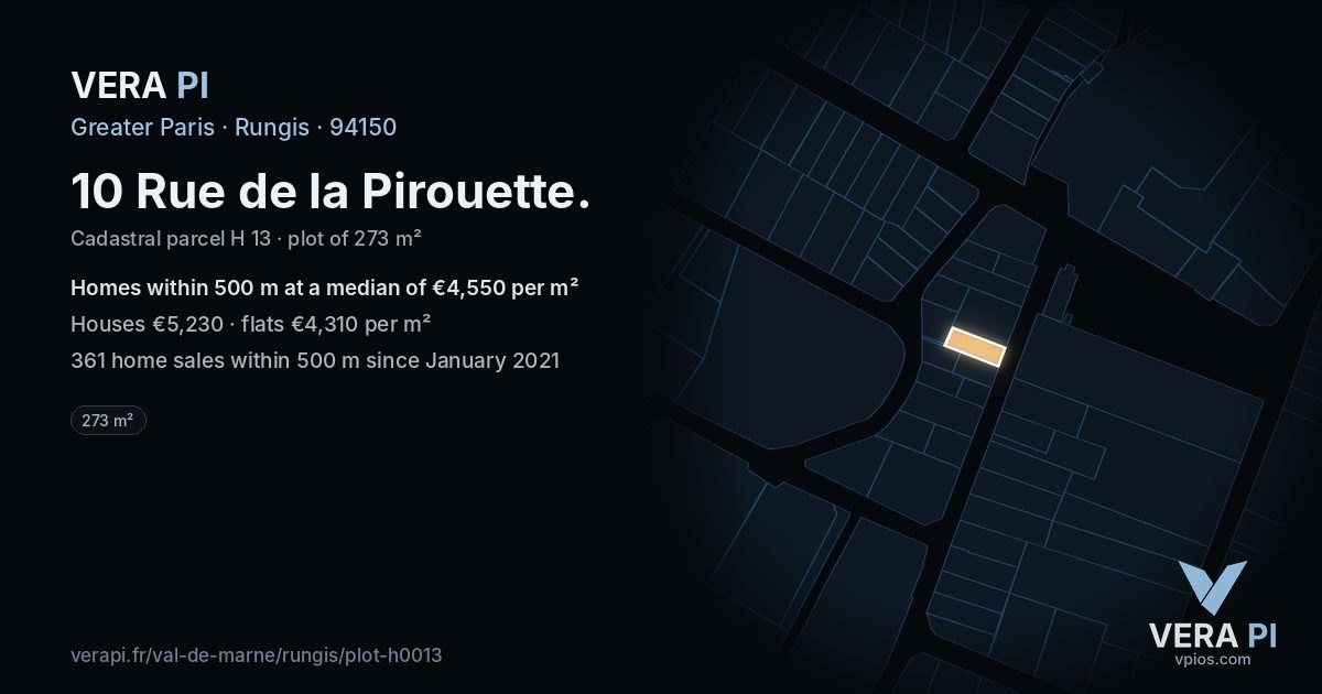 10 Rue de la Pirouette, Rungis at night – the plot lit, the parcels around coloured by the prices near them