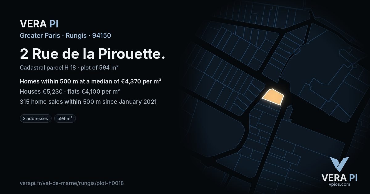 2 Rue de la Pirouette, Rungis at night – the plot lit, the parcels around coloured by the prices near them