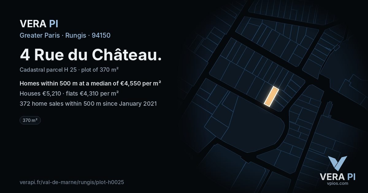 4 Rue du Château, Rungis at night – the plot lit, the parcels around coloured by the prices near them