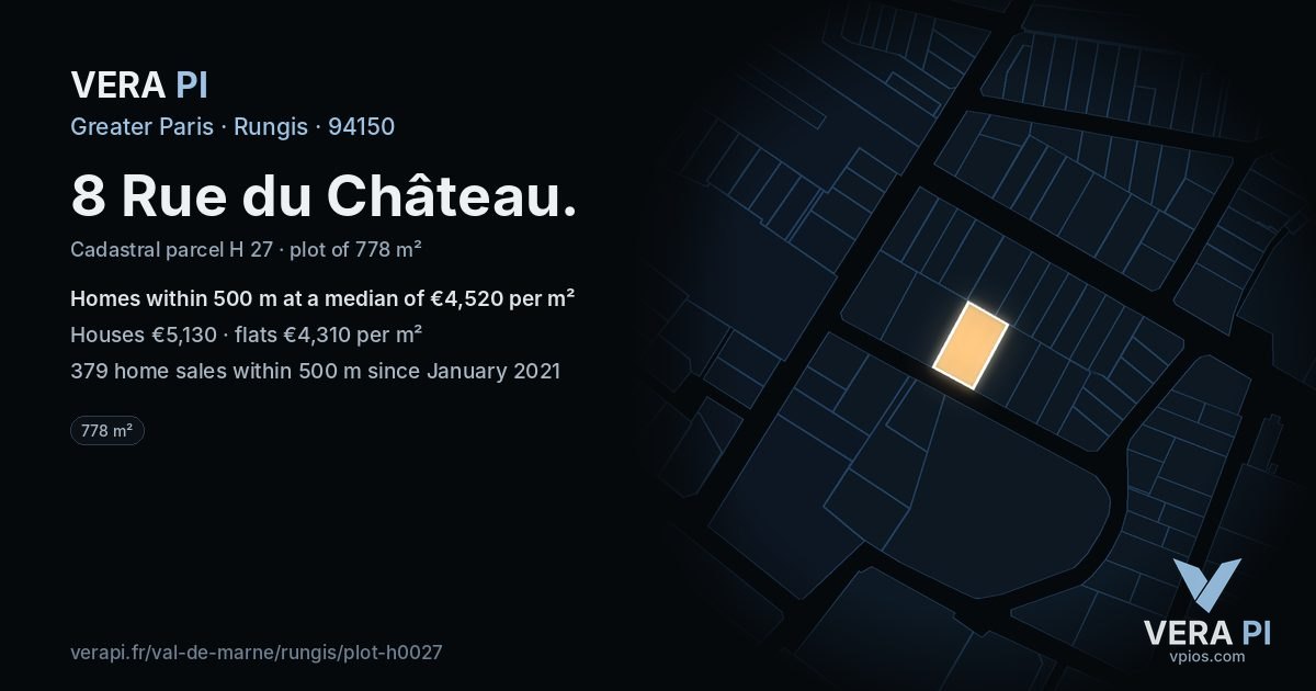 8 Rue du Château, Rungis at night – the plot lit, the parcels around coloured by the prices near them