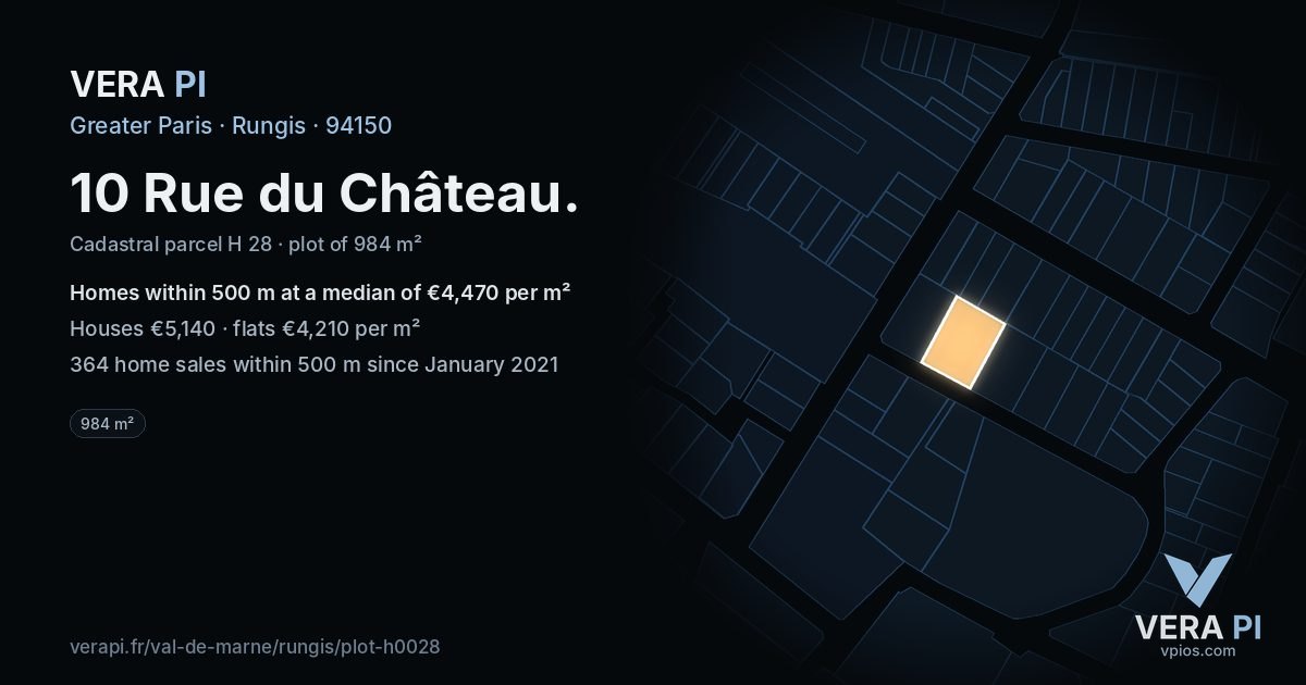10 Rue du Château, Rungis at night – the plot lit, the parcels around coloured by the prices near them