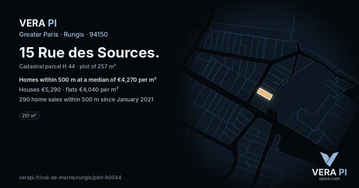 15 Rue des Sources, Rungis at night – the plot lit, the parcels around coloured by the prices near them