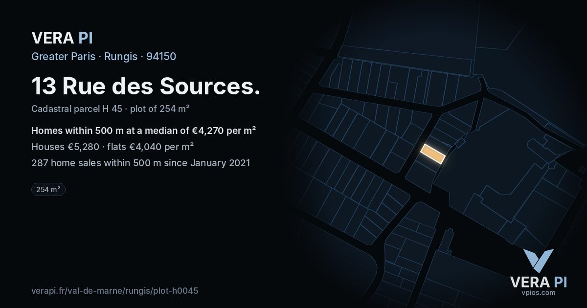 13 Rue des Sources, Rungis at night – the plot lit, the parcels around coloured by the prices near them