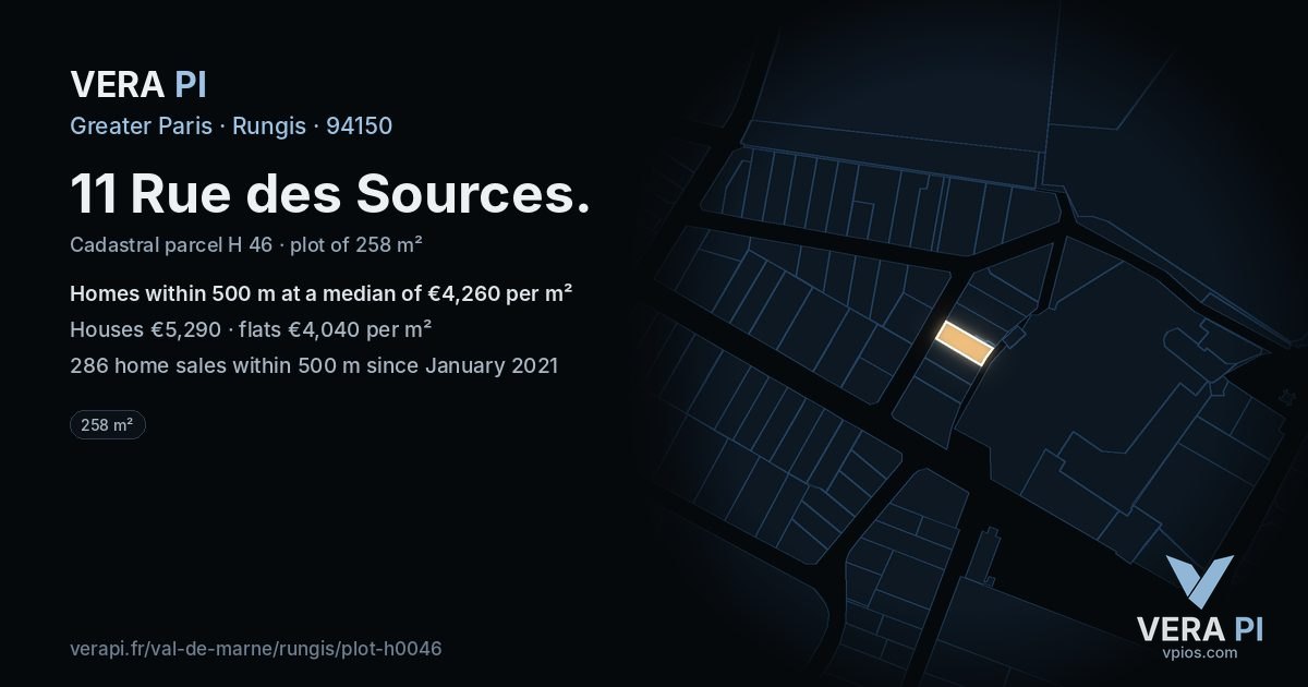11 Rue des Sources, Rungis at night – the plot lit, the parcels around coloured by the prices near them