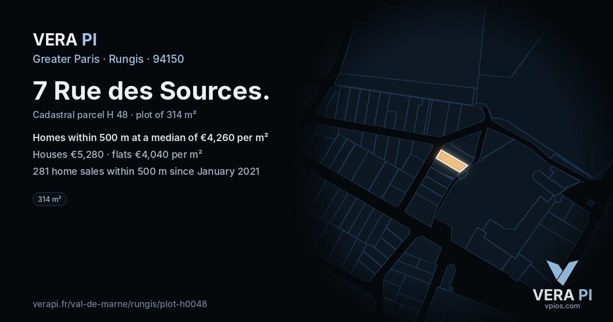 7 Rue des Sources, Rungis at night – the plot lit, the parcels around coloured by the prices near them