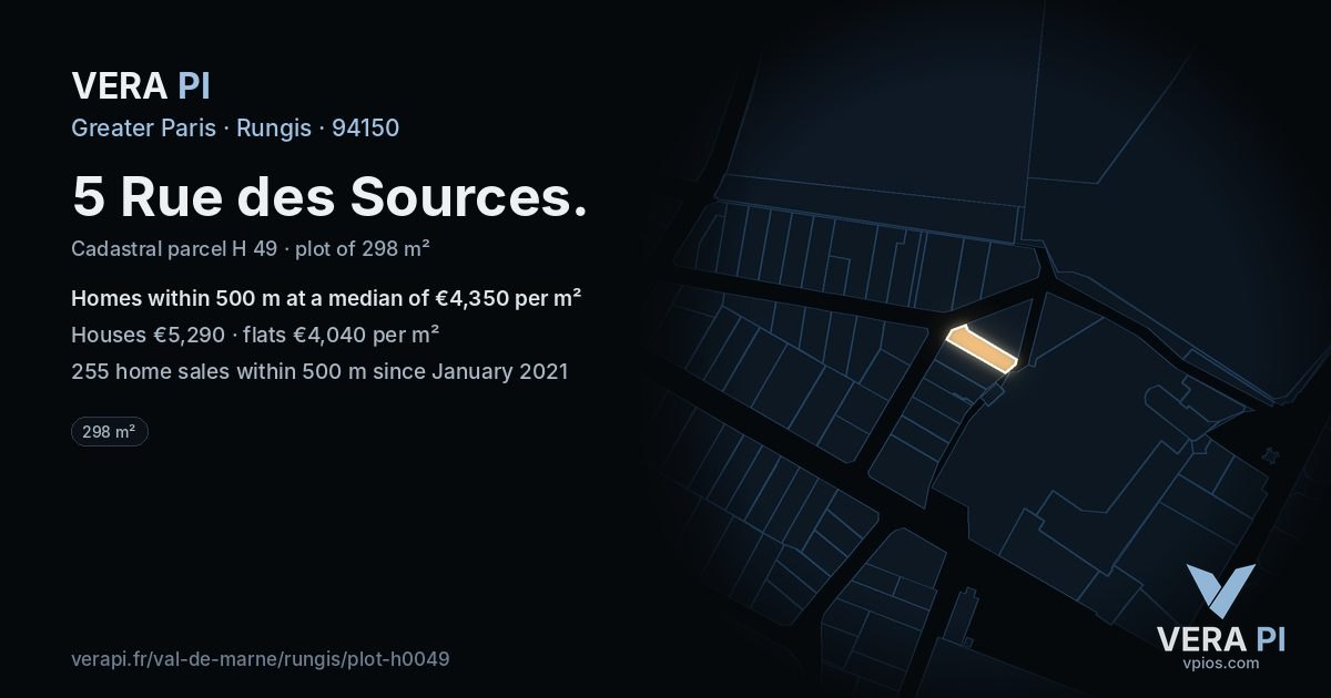5 Rue des Sources, Rungis at night – the plot lit, the parcels around coloured by the prices near them