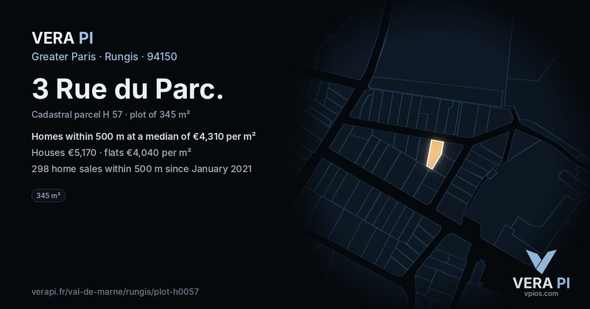 3 Rue du Parc, Rungis at night – the plot lit, the parcels around coloured by the prices near them