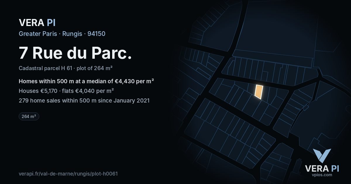 7 Rue du Parc, Rungis at night – the plot lit, the parcels around coloured by the prices near them