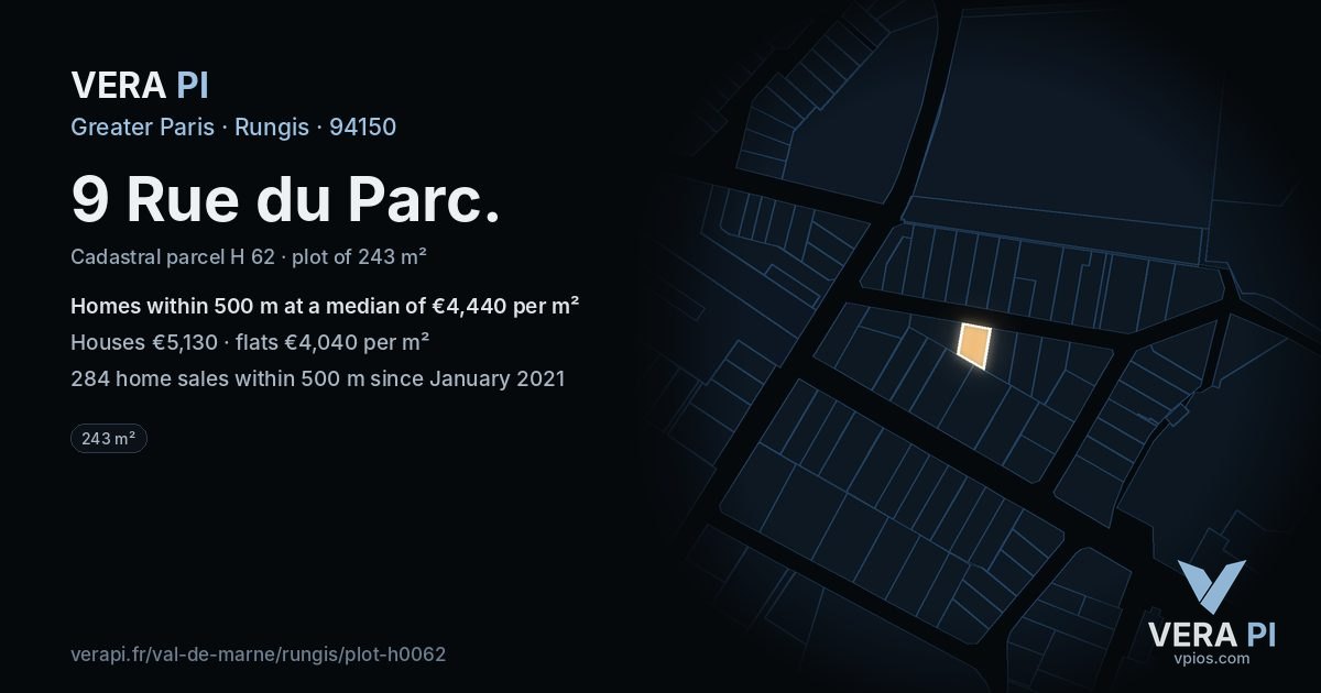 9 Rue du Parc, Rungis at night – the plot lit, the parcels around coloured by the prices near them