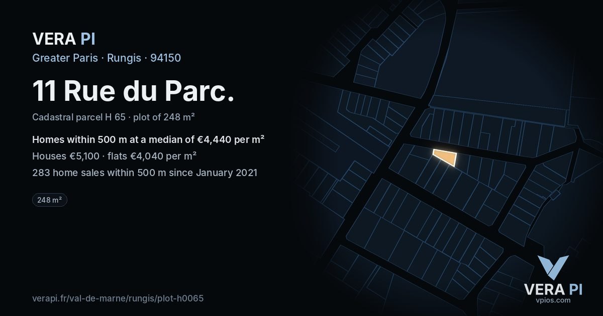 11 Rue du Parc, Rungis at night – the plot lit, the parcels around coloured by the prices near them